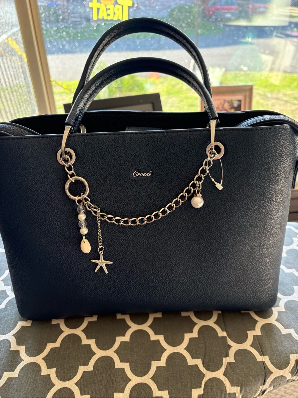 Crossi Navy Chain-Accent Crossbody Tote
